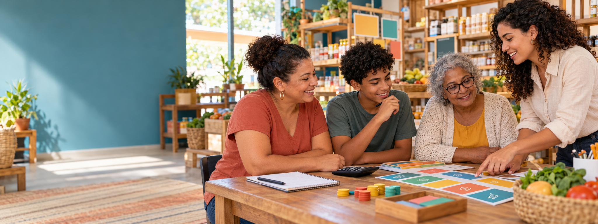 Família participando de atividade prática de educação financeira